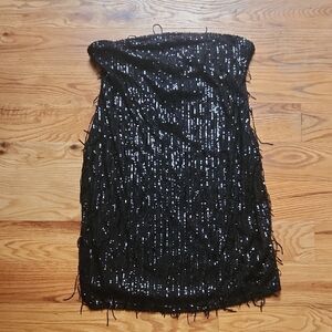 Black Fringe Sequin Strapless Dress